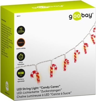 Stringa 10 LED Lecca lecca Natalizio IP20 Bianco Caldo a Batteria con Timer