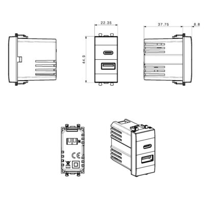 Tekla S44 Caricatore USB-A e USB-C™ 3A 230V Grigio Opaco, 445082USBAC