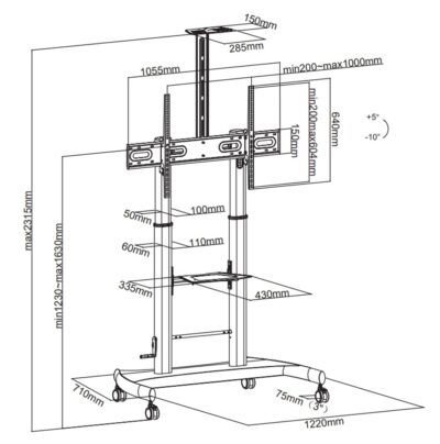 Supporto a pavimento per TV con regolazione manuale altezza, in acciaio, per TV da 60'' a 100''
